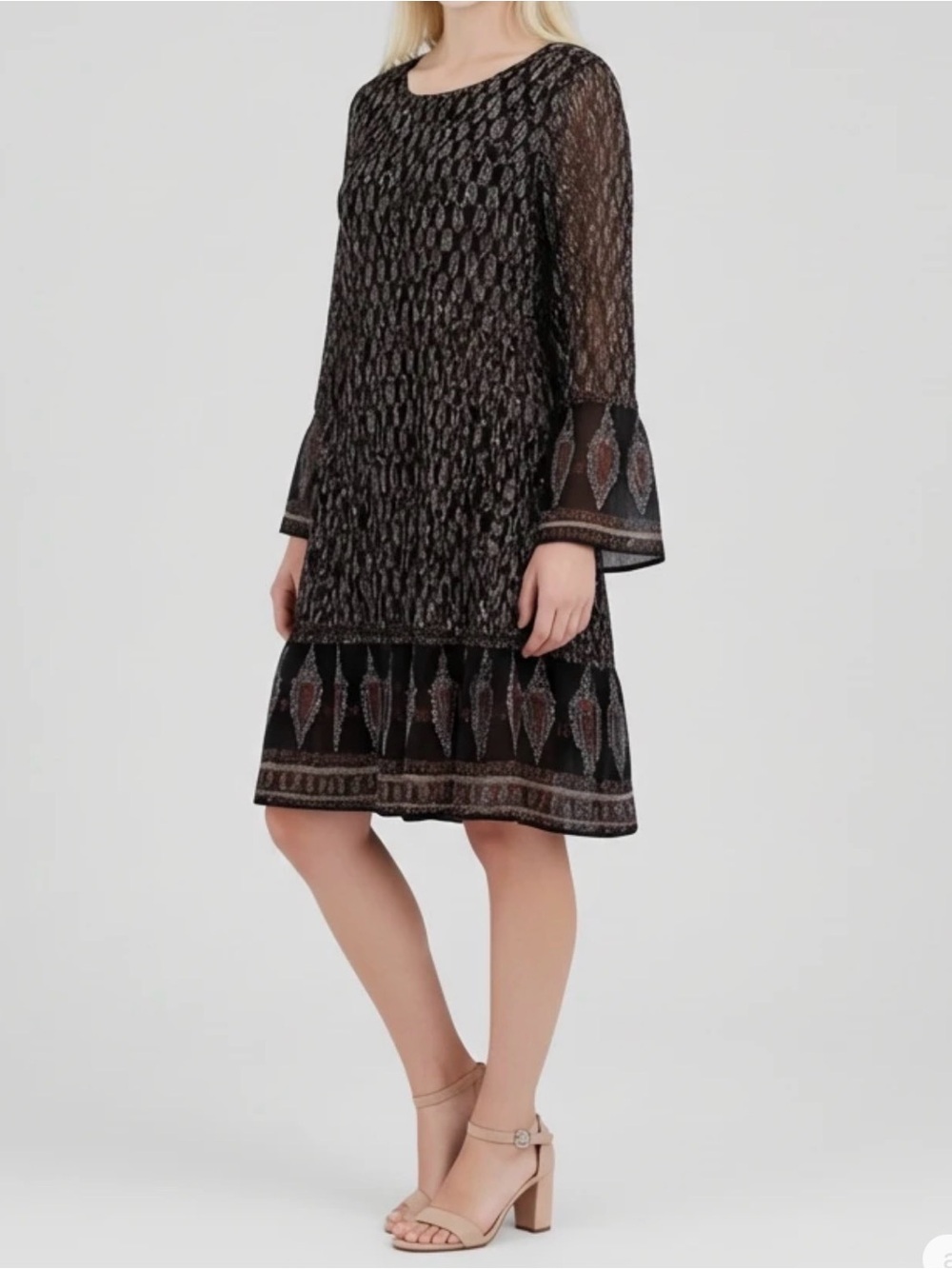MSK Black Patterned Long-Sleeve Bell Dress